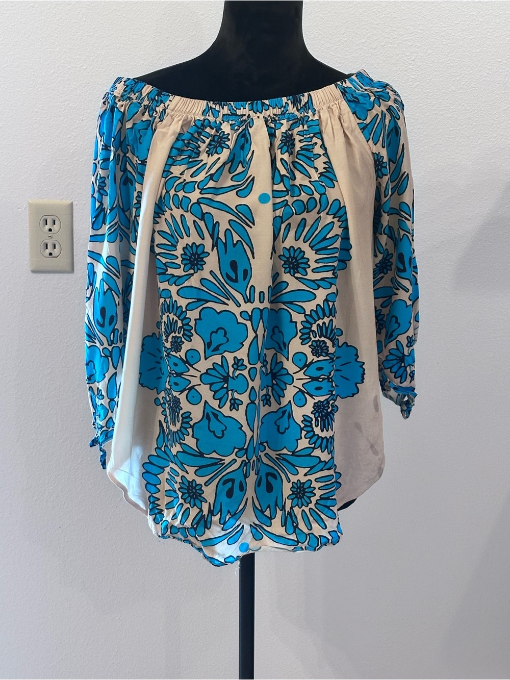Blue Floral Off-Shoulder Blouse in Cream